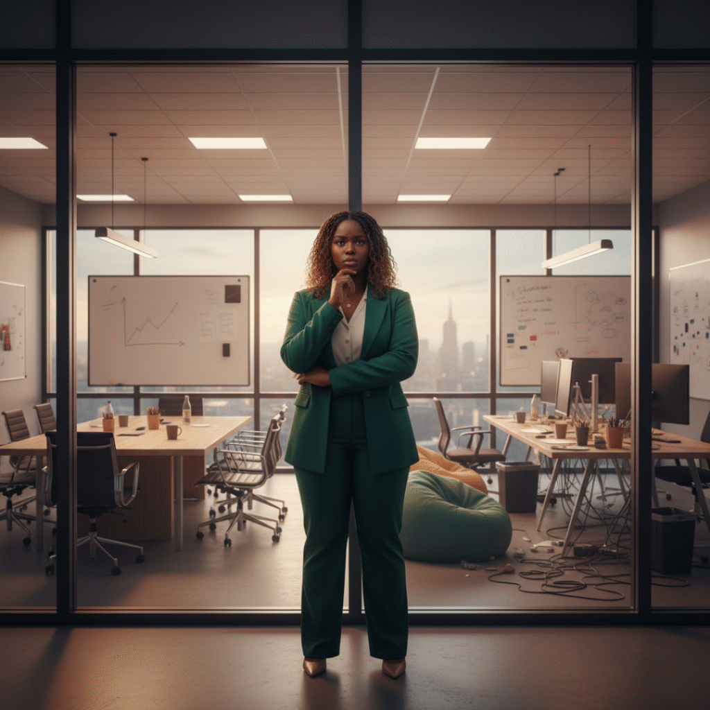 Business leader reflecting between corporate and startup worlds — symbolising context blindness in leadership.