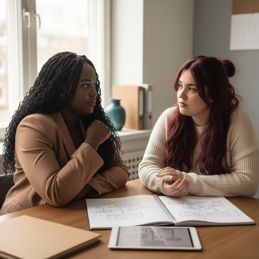 Founder and clarity partner in a one-to-one meeting, illustrating business development clarity through focused discussion and documented systems.