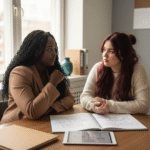 Founder and clarity partner in a one-to-one meeting, illustrating business development clarity through focused discussion and documented systems.