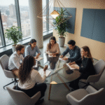 Modern office team collaborating around a transparent table with glowing network overlay, illustrating organisational pattern recognition and hidden systems driving behaviour.
