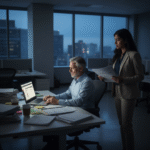 A senior leader working late while a team member waits for approval on a deliverable.