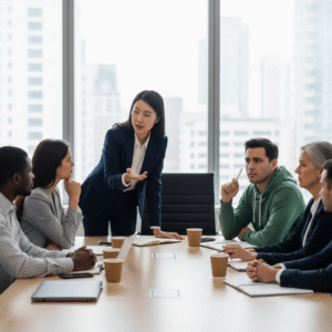 A team member shares a direct insight during a meeting while others react with mixed comfort.