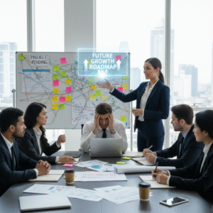 A leader presenting an ambitious plan while the team struggles to keep up, illustrating the vision-structure lag pattern.
