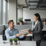 A friendly manager handing extra files to an overloaded employee in a modern office.